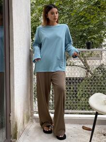 DAZY Women Loose Letter Print Dropped Shoulder Top And Straight Leg Wide Leg Pants Home Wear Set - Blue - View 6