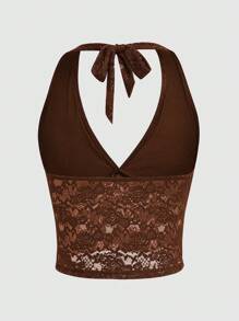INAWLY Camisole femme à col ras-du-cou avec contraste de dentelle et dos ouvert, couleur unie - Marron - Voir 3