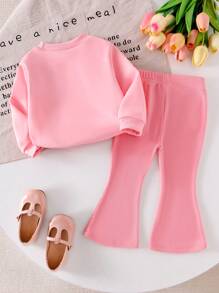 Genkimix Kids 2pcs/Set Baby Girl Apricot Letter Print Long Sleeve Top And Brown Flare Pants, Cute And Comfortable Casual Sweatshirt Set For Spring & Autumn - Pink - View 2