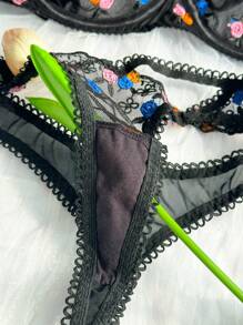 Snug Zone 2pcs/Set Women Floral Embroidery Mesh Fashion Sexy Lingerie Set - Black - View 3