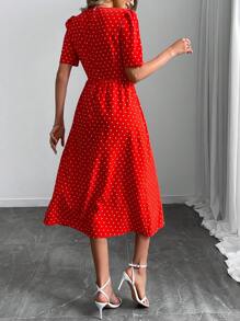 Rafferiza 女士心形与波尔卡圆点蕾丝领连衣裙，优雅泡泡袖连衣裙，适合新年服装长款女装 - 紅色 - 查看 2