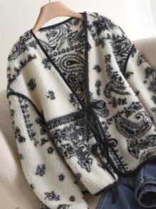 Elaquor Plus Size Women's Autumn Winter Paisley Pattern Drop Shoulder Front Tie Plus Fleece Thick Jacket - Multicolor - View 3