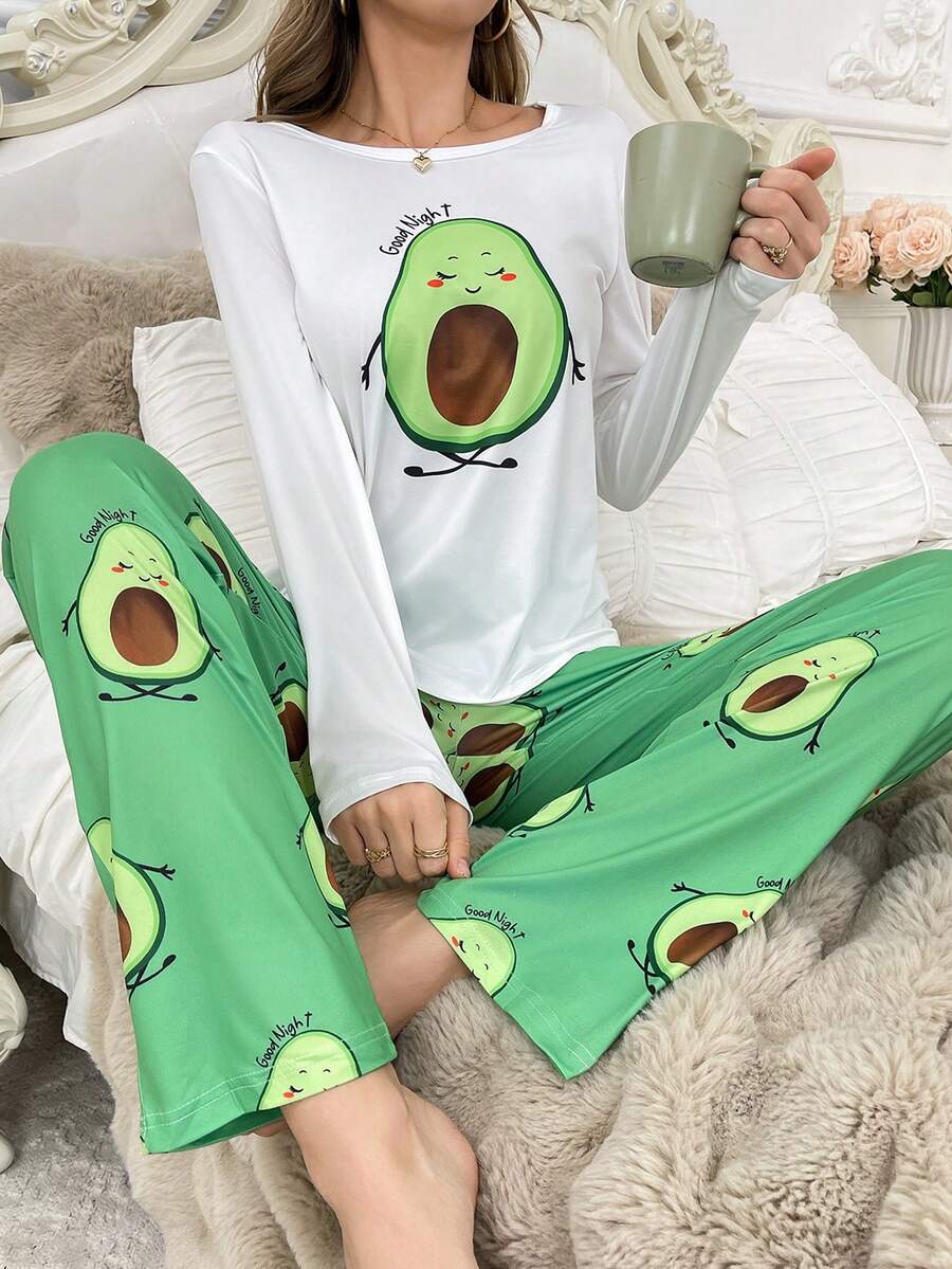 Bộ đồ ngủ dài tay in hình quả bơ dễ thương cho nữ và quần dài - Nhiều màu - Xem 1