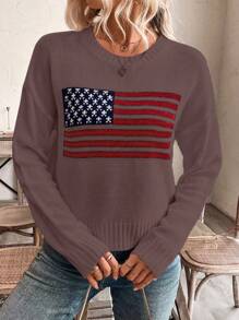 SHEIN LUNE Women USA Flag Pattern Crew Neck Drop Shoulder Long Sleeve Casual Sweater, Autumn Knit Pullover Fall Winter - Multicolor - View 3