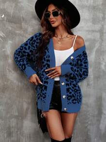 Calvaya Cárdigan de punto de hombros caídos con jacquard de estampado de leopardo, para otoño/invierno