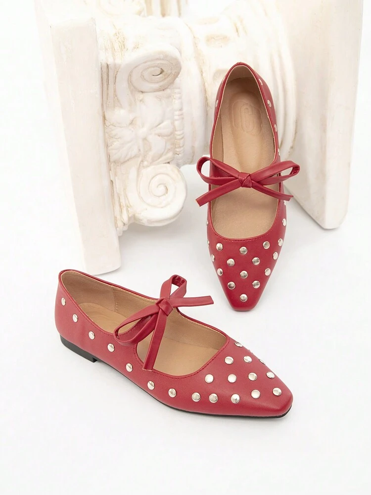 CUCCOO CHICEST 2024 Spring/Autumn New Bow Studded Decor Solid Color Low Vamp Square Toe Casual Flat Shoes New Year Holiday