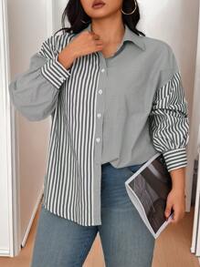 Calvaya Plus Size Women Stripe Print Casual Loose Office Blouse, Autumn/Winter Women Shirt