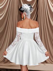 SHEIN Belle Elegancka luksusowa sukienka z odkrytymi ramionami, przezroczysta siateczka, długi rękaw, koronka i satyna, rozkloszowana, odpowiednia na wesele, wieczór panieński, święta, bal, bankiet, prezent dla panny młodej, sukienkę na wieczór panieński