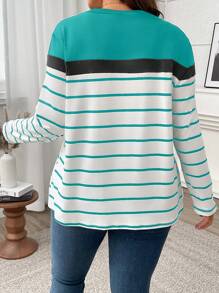 EMERY ROSE Plus Size Casual Color Block Striped Long Sleeve T-Shirt, Autumn Graphic Tees Women Tops For Spring Fall For Women - Multicolor - View 2