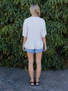 Aralina 女士口号印花圆领落肩宽松休闲 T 恤 - 灰色 - 查看 2