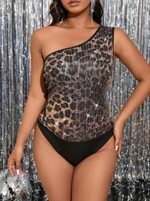 Allurite Plus Size Leopard Print Sequin Patchwork Ribbed Fabric Strapless Bodysuit, Party Wear - Multicolor - View 3