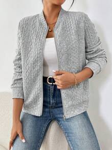 SHEIN LUNE Jaqueta Bomber de Estilo Esportivo Feminina, Tecido com Textura Jacquard, Casual, Adequada para Roupas Esportivas, Casa, Uso Elegante de Rua, Outono/Inverno - Cinza - Visão 3