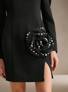 Anewsta 秋季女士 U 领花卉图案短款黑色连衣裙，长袖，收腰 - 黑色 - 查看 5
