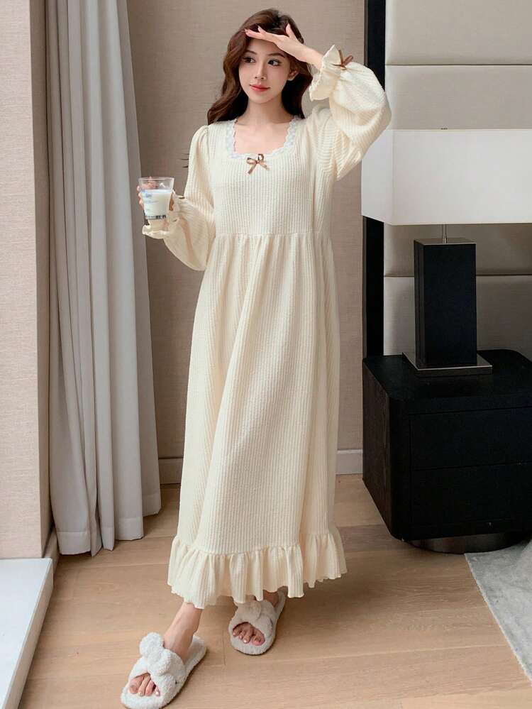 Textured Fabric Lace Patchwork Square Collar Ruffle Hem Nightgown Pajama, For Fall, Winter, Moo Moo Night Dress