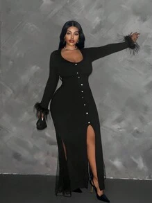 Maweii Đầm dệt kim chắp vá cổ chữ V tay dài màu trơn thường ngày cỡ lớn cho nữ - màu đen - Xem 4