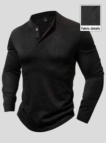 Manfinity Homme Áo thun nam tay dài cài nút thời trang giản dị, chất liệu dệt tre cổ điển, dùng khi tập luyện, dành cho chồng, áo Henley trơn - màu đen - Xem 1