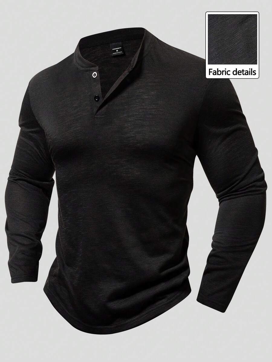 Manfinity Homme Áo thun nam tay dài cài nút thời trang giản dị, chất liệu dệt tre cổ điển, dùng khi tập luyện, dành cho chồng, áo Henley trơn - màu đen - Xem 1
