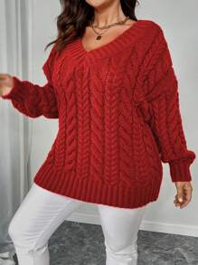 Celure Plus Size Women Casual V-Neck Cable Knit Loose Sweter, Odpowiedni Na Jesień, Zimę I Nowy Rok Ubrania