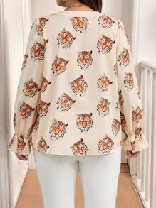 Calvaya Plus Size Women Tiger Head Graphic V-Neck Long Sleeve Decor Casual Blouse, Autumn