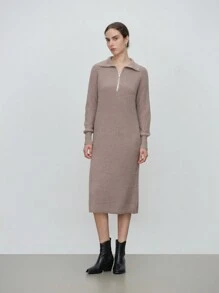 SHEIN LUNE 女士休闲纯色拉链半前毛衣连衣裙，适合秋冬季 - 摩卡棕 - 查看 6