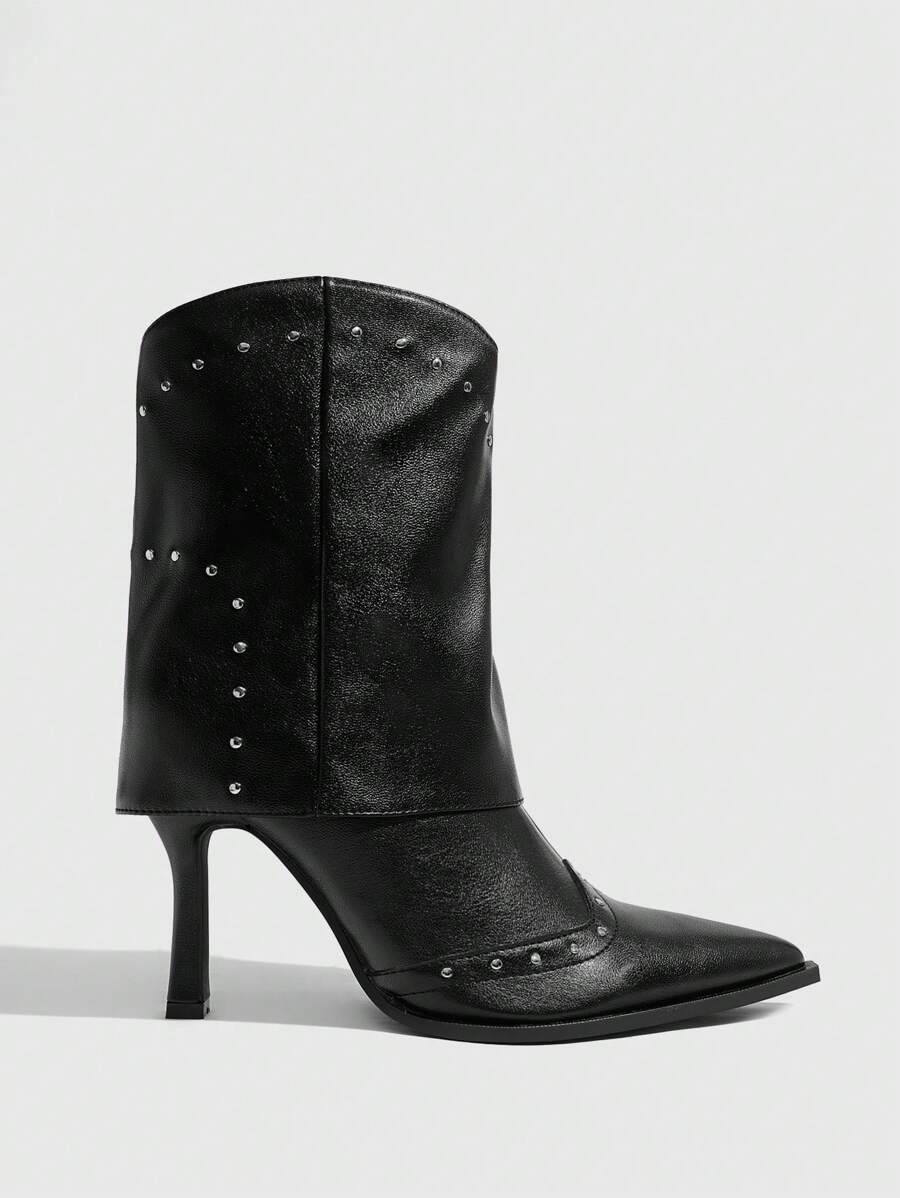 CUCCOO SZL Women's Sexy Fashion Rivet Decor Shaft Boots, Casual Versatile Side Zipper Black High Heel Boots