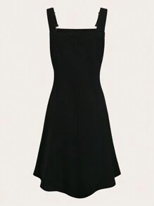 SHEIN LUNE 2 件大码女式休闲学院风格子印花长袖纯色连体裤吊带连衣裙套装，秋季 - 黑色 - 查看 3