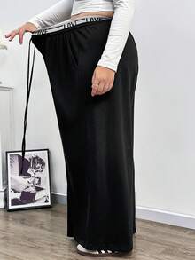 SHEIN CURVE+ 大码女式字母针织腰带休闲运动裤 - 黑色 - 查看 7