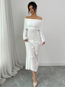 SHEIN Unity 1pc Women Open Shoulder Long Sleeve Fitted Dress, Princess Style Sweater Dress, Autumn/Winter - White - View 6