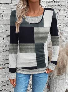 SHEIN LUNE Women Casual Color Block Print 2 In 1 Long Sleeve T-Shirt, Autumn