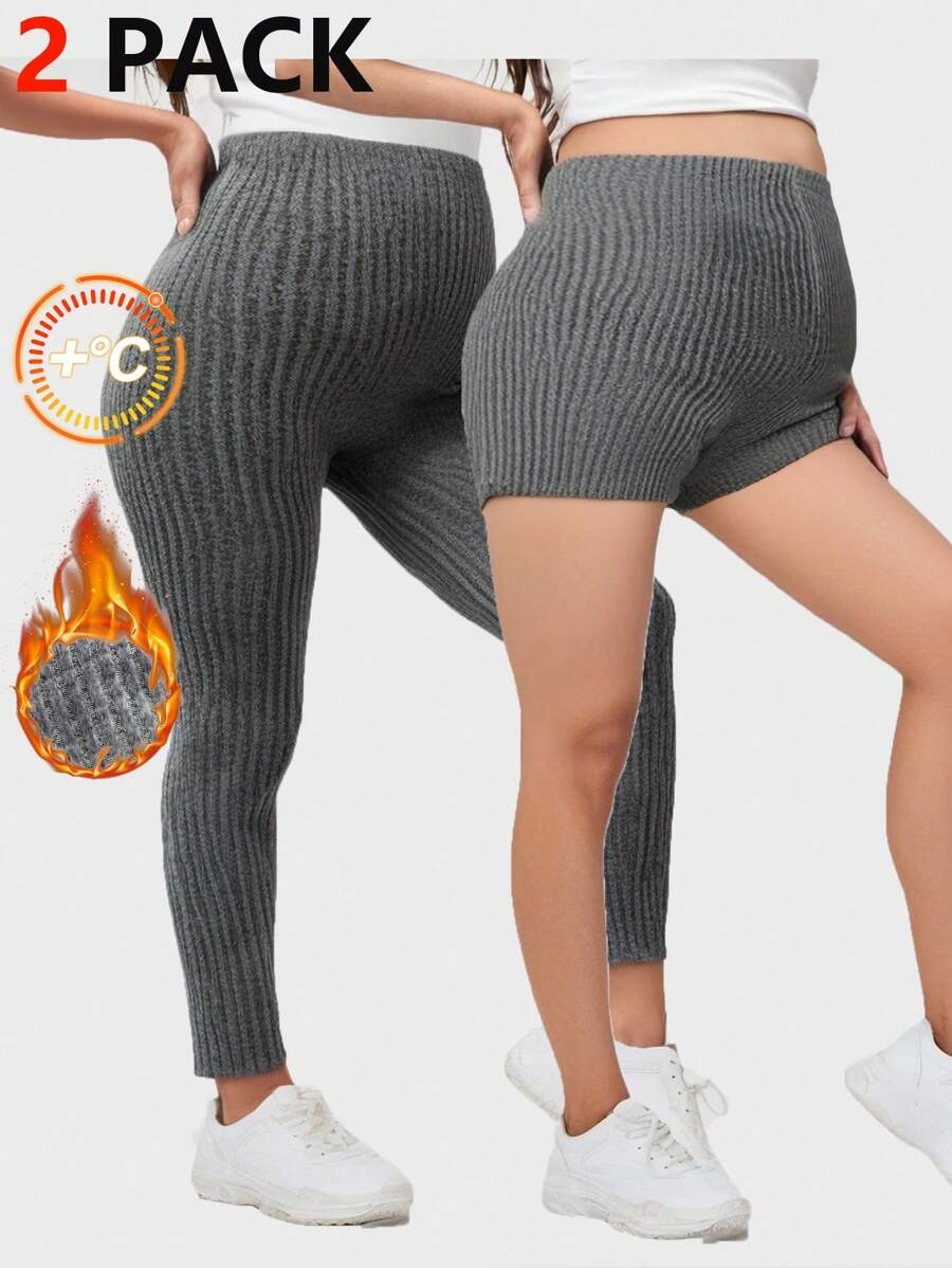 SHEIN 2pcs Maternity Casual Minimalist Elastic Rib-Knit Leggings - Grey - View 1