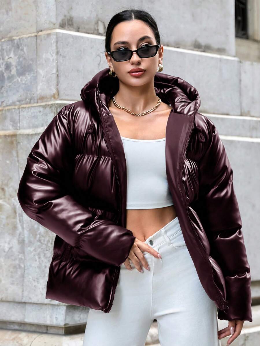 SHEIN Tall Tall Hooded Pu Leather Down Jacket With Zipper, Slanted Pockets And Drawstrings - Burgundy - View 1