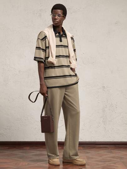 AKNOTIC Business Casual 2pcs Men's Set: Loose Fit Striped Contrast Color Polo Shirt With Turndown Collar, Relaxed Fit Drawstring Waist Straight Leg Casual Pants, Khaki, Suitable For Daily Wear With Color-Block Decor Leather Label