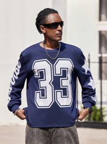 Manfinity Dauomo Men's Casual Letter Numeral Printed Pullover Sweatshirt, For Autumn - Blue - View 5