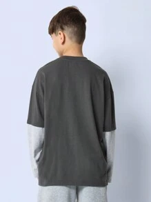 SUMWON Layered Look Long Sleeve Sweatshirt Casual Crewneck Youth Boys Comfortable Weekend Street Style Fall Winter Essential Wear Everyday Basic Top - Dark Grey - View 2