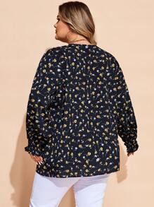 SHEIN CURVE+ 大码女式花卉 V 领长袖优雅衬衫，适合度假 - 藏蓝色 - 查看 3