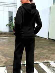 INAWLY 2 件套女式简约纯色连帽长袖套装 - 黑色 - 查看 2