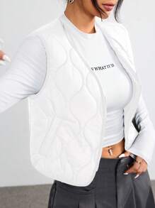 SHEIN EZwear Dames Winter Streetwear Vintage Gewatteerde Getextureerde Zwarte Korte Vest Gewatteerd