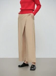 SHEIN LUNE 休闲风格 宽腿围裹式裤裙 - 米色 - 查看 4