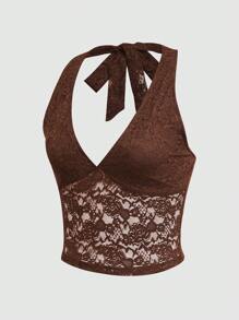 INAWLY Camisole femme à col ras-du-cou avec contraste de dentelle et dos ouvert, couleur unie - Marron - Voir 4