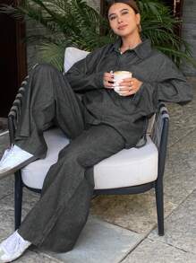 Livesso Women Casual Drop Shoulder Denim Blouse & Pants Set, Autumn