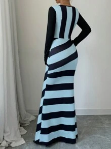 Elenzga Robe longue côtelée moulante à rayures noir et blanc - Bleu azur - Voir 2