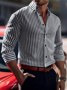 Manfinity Homme Men's Casual Bicolor Striped Print Long Sleeve Shirt, Spring & Autumn, For Fall, Old Money Style