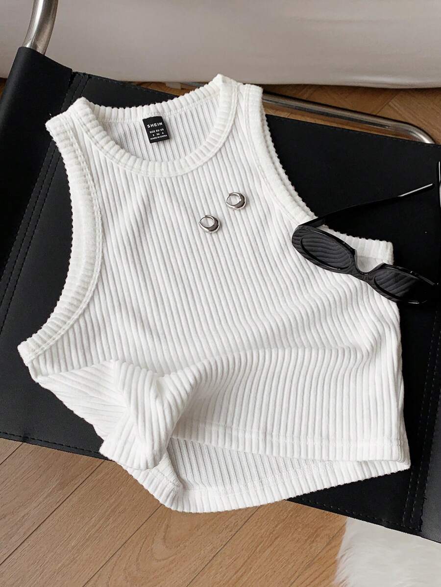 Comfortcana 女士纯色罗纹针织吊带背心，适合日常穿着 - 白色 - 查看 1