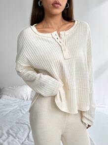 SHEIN Unity 女士纯色前扣长袖休闲衬衫，日常穿着 - 杏色 - 查看 5