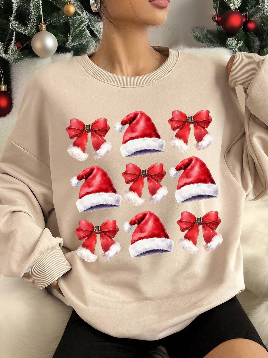 Banished Merch SHEIN EZwear Áo nỉ hình ông già Noel, Áo nỉ Giáng sinh cổ điển, Áo sơ mi Giáng sinh Aoquette, Quà tặng Giáng sinh, Áo sơ mi Giáng sinh Tis The Season, Áo hoodie dài tay cổ tròn in họa tiết tối giản giản dị vừa vặn cho nữ mùa đông - Màu be - Xem 1