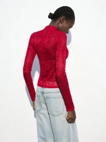 Maija 女士秋冬高领紧身红色蕾丝优雅上衣，适合情人节、圣诞节、都市装 - 紅色 - 查看 2