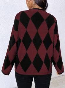 SHEIN LUNE Plus Size Women Rhombic Pattern Drop Shoulder Long Sleeve Pocket Casual Cardigan, Fall/Winter - Multicolor - View 2