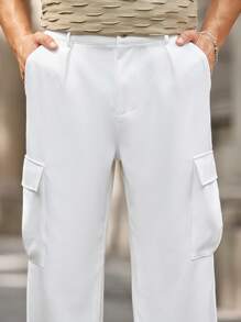 Manfinity Homme Men's Solid Color Front Button Multi-Pocket Casual Cargo Pants , Simple Design - White - View 4