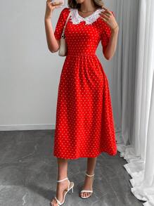 Rafferiza 女士心形与波尔卡圆点蕾丝领连衣裙，优雅泡泡袖连衣裙，适合新年服装长款女装 - 紅色 - 查看 5