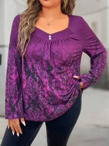 1 chiếc áo thun dài tay cổ tim in kỹ thuật số cỡ lớn cho nữ - Màu tím - Xem 3